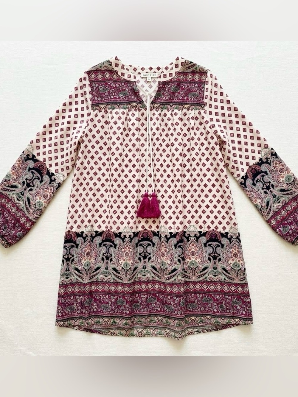 Tassels N Lace Tunic Dress Colorful Mixed Print Festival Cottage Boho Prairie M